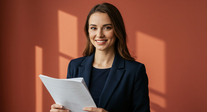 Confident Businesswoman Holding Documents Smiling in Studio: Portrait of a young professional in navy suit against terracotta w...