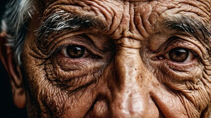 Abstract close-up of an elderly Mexican man's face with deep wrinkles and earthy tones.
