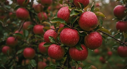 Obraz premium Close-up view of fresh, ripe red apples covered in glistening raindrops on the tree.