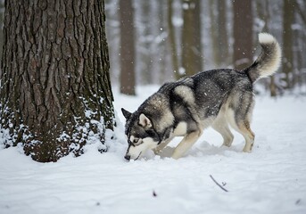 Naklejka premium Playful Husky Dog in a Snowy Forest. Generative Ai