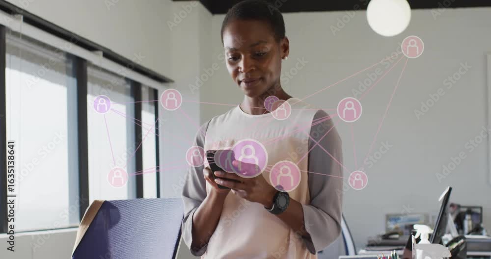 Poster woman gazing smartphone screen and tapping while visualizing network icons floating in tech office
