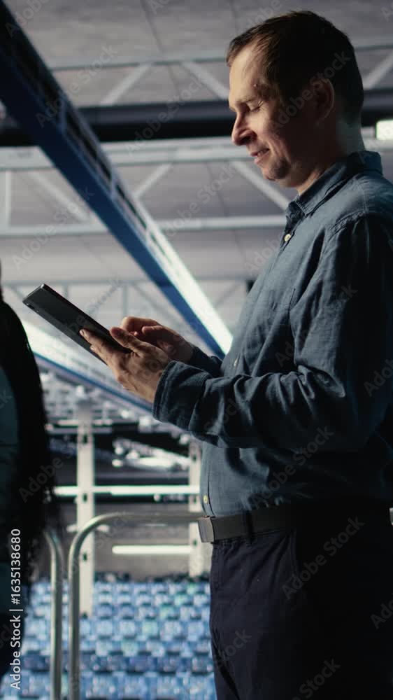 Poster vertical video it expert in server hub uses tablet to optimize deep learning ai systems handling tas