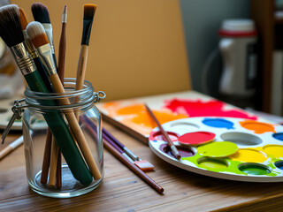 An eye-level shot of a jar filled with various paintbrushes and a palette with fresh primary colors on a wooden art desk.