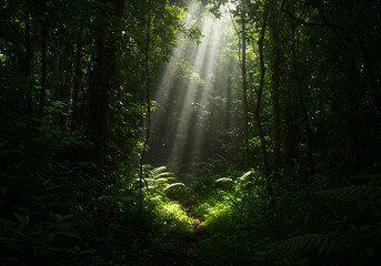 Fototapeta premium Sunlight streams through a dense, lush forest, illuminating the undergrowth and trees.