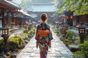A Japanese woman in a colorful kimono strolls through a serene temple courtyard