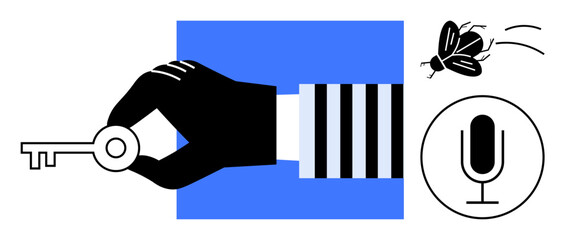 Gloved hand holding a key, flying insect, and a microphone icon on a minimalist design. Ideal for access, secrets, communication, listening, simplicity, digital security simple landing page