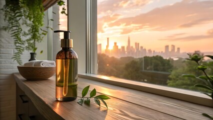 Amber glass dispenser bottle with natural skincare product on windowsill at sunset