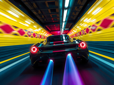 A motion-blur shot of a neon-striped race car with glowing tail light trails, speeding through a synthwave tunnel with geometric patterns.