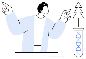 Scientist gesturing toward DNA in a test tube with a tree symbolizing environmental connection. Ideal for science, biology, innovation, sustainability, genetics, education, research. Simple flat