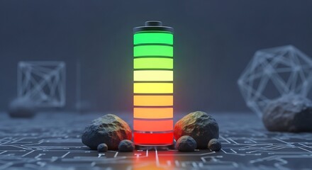 Raw Power Source: Luminous Battery Cell Surrounded by Minerals on a Circuit Board