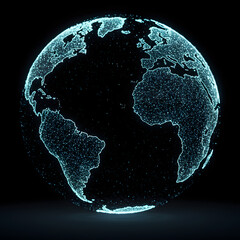 Glowing digital earth globe with connected dots and lines on a dark background showing continents