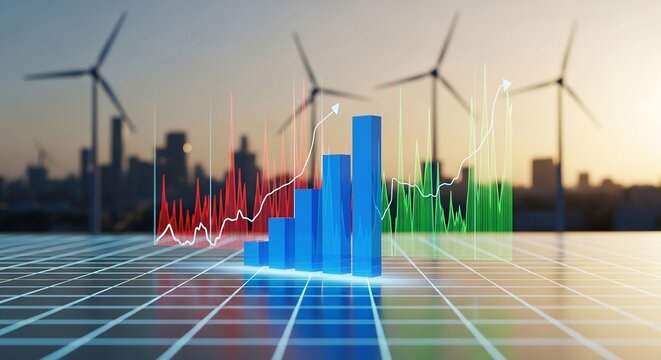 Renewable Energy Growth: Wind Turbines, Cityscape, and Rising Bar Graph