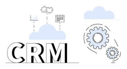 CRM text next to cloud, gears, chart, calendar, puzzle piece representing data management, teamwork, automation. Ideal for software, analytics business process organization strategy cloud