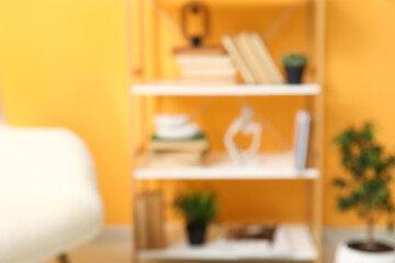 Bookcase with books and houseplants near armchair in living room, blurred view
