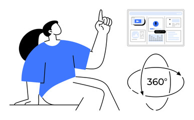 Focused woman interacts with a 360 interface displaying analytics, videos, and data charts. Ideal for technology, innovation, analytics, education, interaction presentation virtual tools. Simple
