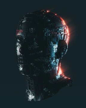 Cabe&ccedil;a digital futurista iluminada em fundo escuro