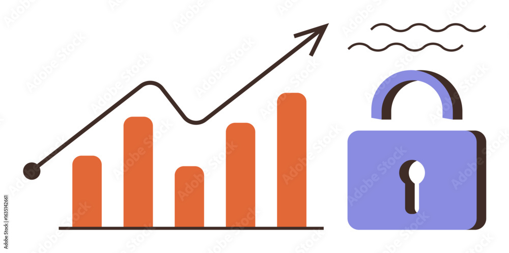 Poster bar graph with upward arrow indicating growth paired with a lock and wavy lines to emphasize securit