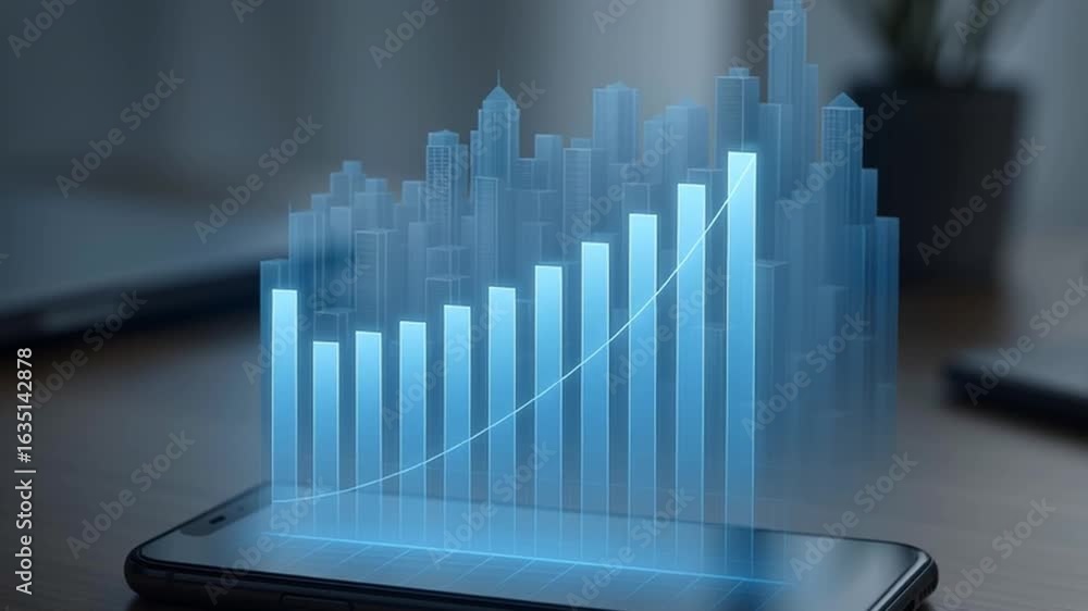 Poster growth chart on mobile device showing financial success and business data
