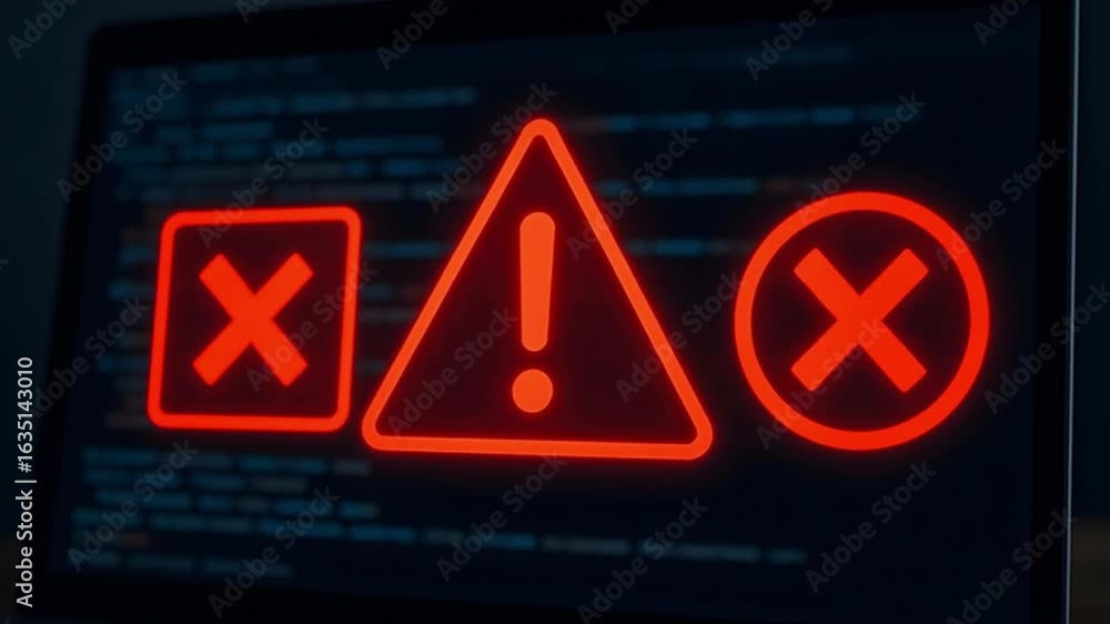 Poster computer error warning signs on screen system failure and security breach alert