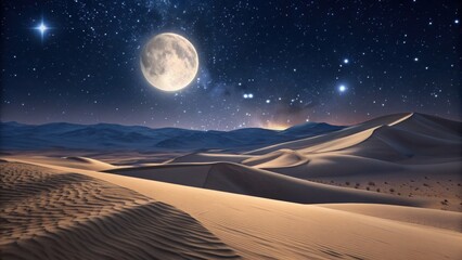 Experience the awe of a full moon rising over the vast desert landscape under a starry night sky