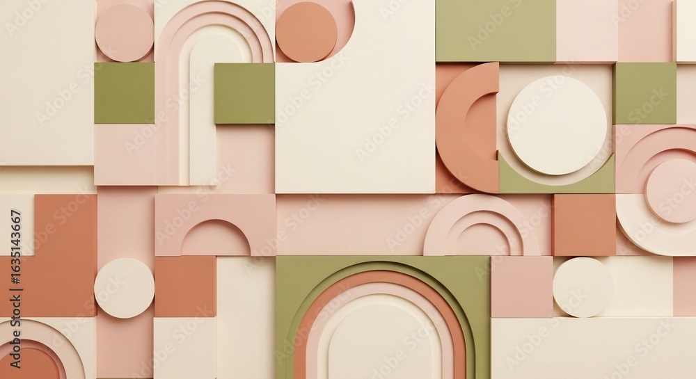 Poster soft pastel geometric 3d abstract background with interlocking shapes and subtle shadows