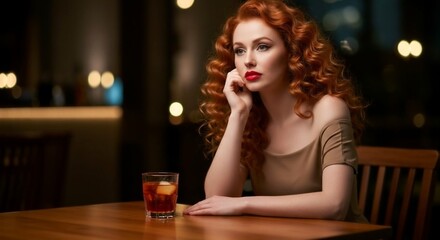 Thoughtful woman with red hair at a bar