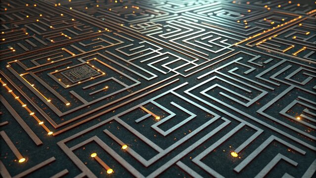 Navigate complex challenges with this futuristic labyrinth glowing with digital energy and modern design