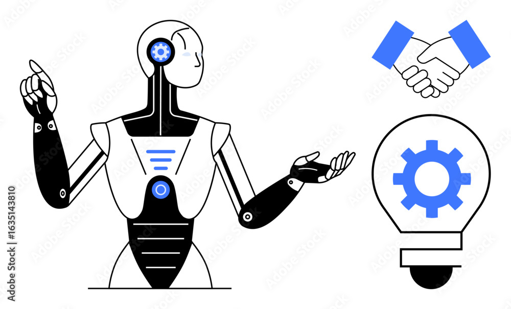 Poster human-thumbs up robot gesturing in interaction with handshake and gear-lightbulb highlighting creati