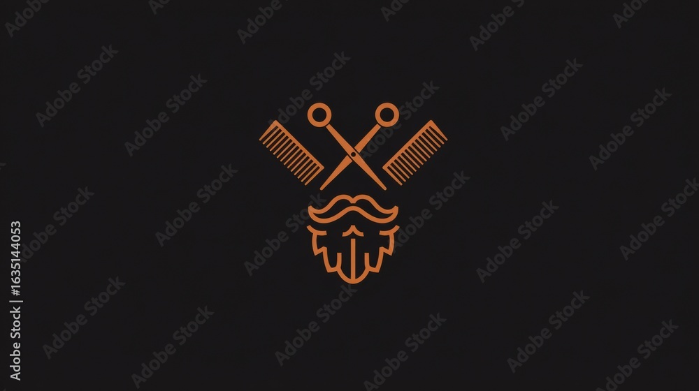 Poster stylized beard logo featuring crossed scissors and comb on a flat dark background, representing groo
