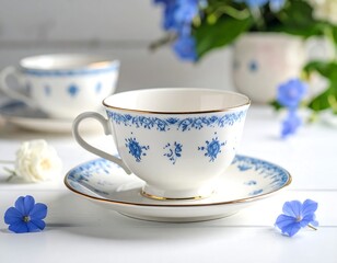 Elegant teacup and saucer on a white table with flowers