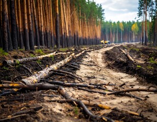 Forest clearing aftermath, charred trees and logs on dirt road
