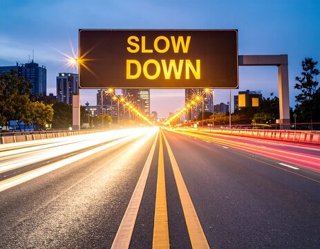 Highway sign warns drivers to slow down at night - Powered by Adobe