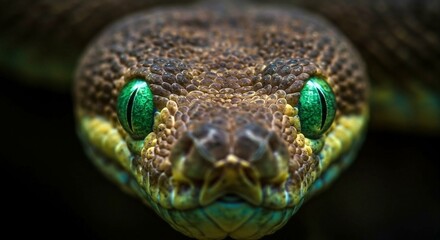 Fototapeta premium Close-up of a snake with vibrant green eyes.