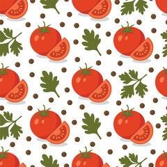 Vector Seamless Pattern with Tomatoes, Parsley and Peppercorns. Fresh Vegetable Food Background for Culinary Design. Natural Cooking Ingredients, Organic Kitchen Decor, Italian Cuisine Illustration.
