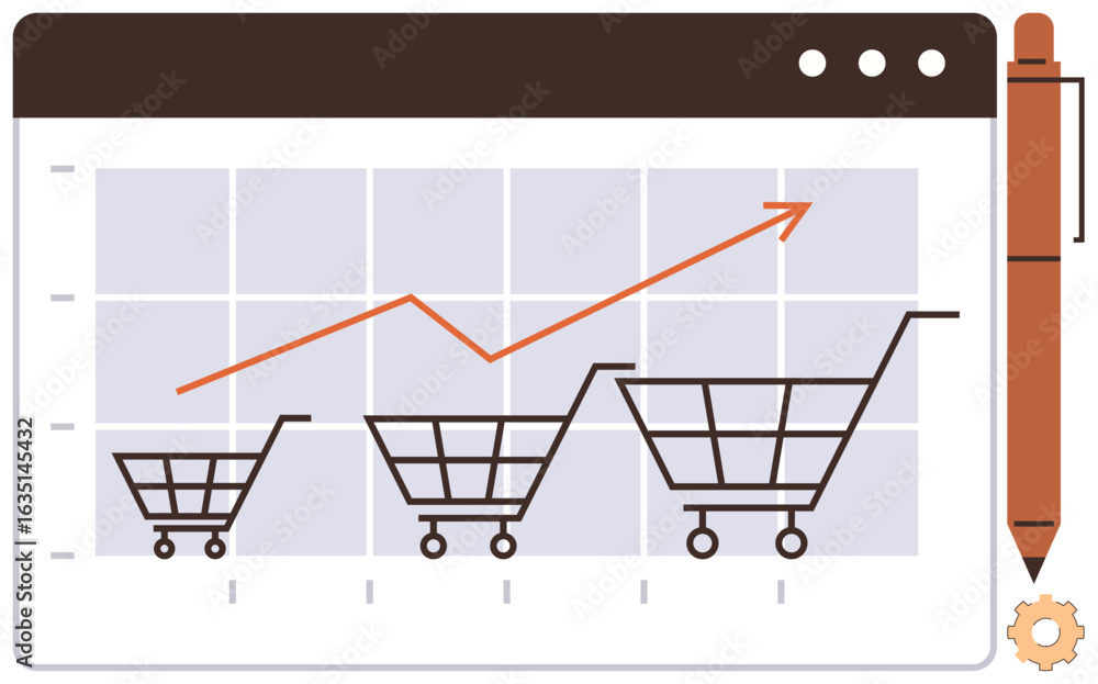 Aufkleber shopping carts increase in size along an upward sales graph displayed on a browser window. pen and g