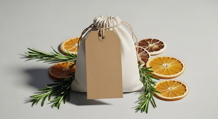Sunlit Handmade Sachet with Blank Kraft Tag, Rosemary, and Dried Orange Slices