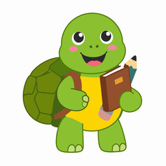 Obraz premium A cheerful cartoon turtle with a backpack, holding a book and a pencil, ready for school or learning.