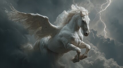 Majestic White Pegasus Soaring Through a Dramatic Stormy Sky