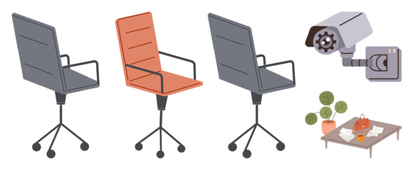 Three office chairs, wall-mounted security camera, small desk with potted plant, documents, workspace items. Ideal for office settings, security, teamwork, organization modern workplace