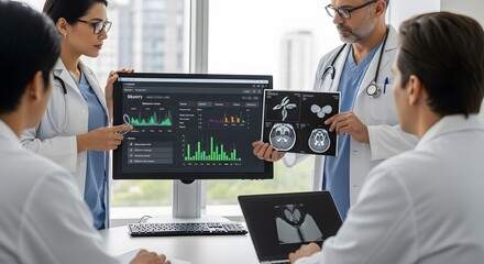 Medical team collaborates, analyzing patient data on screen and X-rays.
