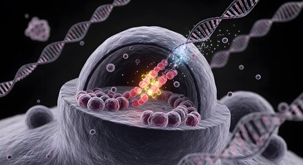 A detailed 3D rendering of a biological cell's nucleus, illustrating the complex process of DNA replication.