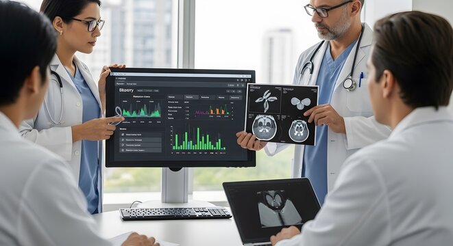 Medical team collaborates, analyzing patient data on screen and X-rays.