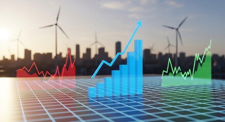 Sustainable Economy Growth: 3D Financial Charts Soar Over a City with Wind Turbines