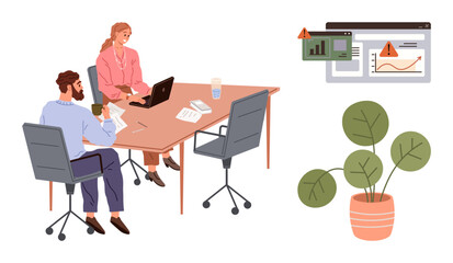 Professionals discussing data-driven decisions at a desk with laptop, charts, and papers. Alert visuals for analytics emphasize risks. Ideal for teamwork, data analysis, planning, risk management
