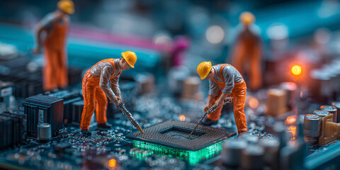 Miniature Workers Repairing a Microprocessor on a Circuit Board in a Technology Studio