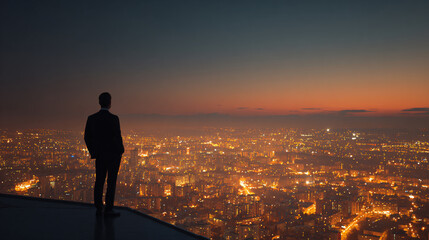 Fototapeta premium Businessman Overlooking City Skyline at Dusk, Urban Landscape, Thoughtful Perspective
