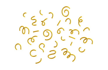 3d gold line confetti set. Squiggle, spiral, wavy doodle shape, line element isolated. 3d balloon confetti pattern. Doodle kid party decoration. Vector illustration