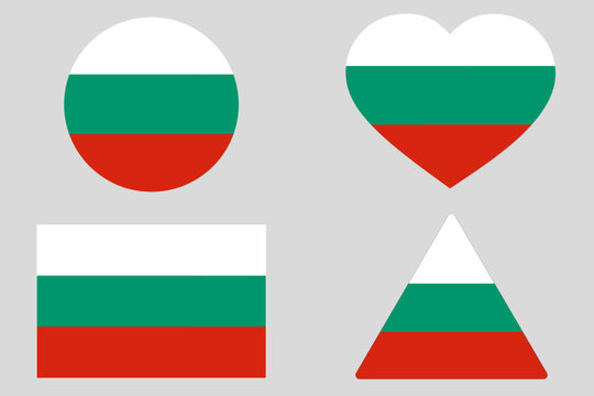 Set of Bulgaria national flags in circle, heart, square, and triangle shapes. Official standard colors. Perfect for education, infographics, national day, politics, or cultural identity design.