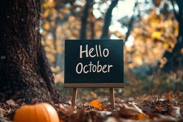 Autumn forest welcomes October with a handwritten sign among colorful leaves