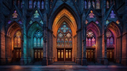 Gothic arches, vibrant stained glass, city cathedral at night